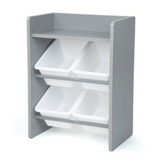 a gray and white shelf with four trays