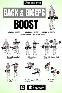 the back and biceps workout guide is shown in this graphic style, with instructions to