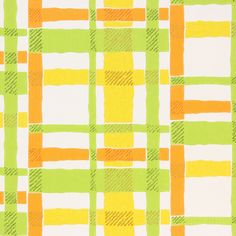 an orange, green and white plaid pattern on fabric with some lines drawn across it