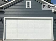 a garage with the words before and after painted on it in front of a house