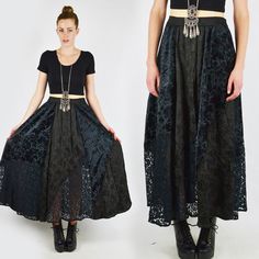 vtg 90s grunge goth gypsy BURNOUT VELVET sheer LACE full maxi dress skirt M/L $78.00 Full Maxi Dress, Black Velvet Skirt, Black Lace Skirt, Burnout Velvet, Black Grunge, Gothic Clothes, Witchy Fashion, Velvet Maxi, 90s Dress