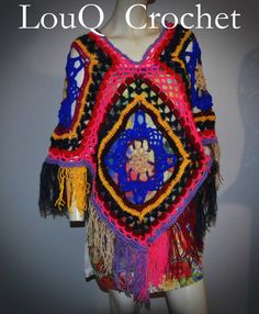 This fringed poncho is a handmade crocheted product using a variety of colours and styles of yarn and finished with multicoloured fringing. Bohemian Crochet Shawl Poncho, Multicolor Shawl With Tassels For Festival, Multicolor Tassel Shawl For Festival, Bohemian Hand Knitted Poncho For Festivals, Crochet Shawl Poncho For Festivals, Hippie Fringe Shawl Poncho, Multicolor Fringe Poncho For The Beach, Multicolor Fringe Poncho For Beach, Bohemian Crochet Cape One Size