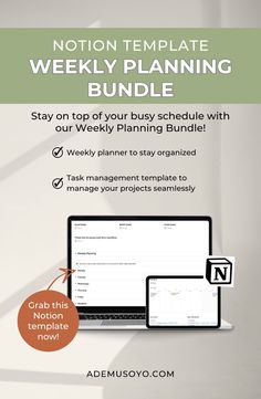 a laptop and desktop computer with the text, notion template weekly planning bundle