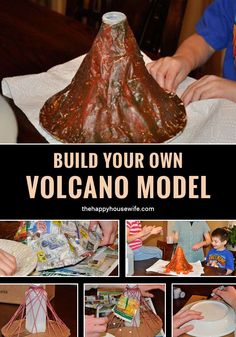 the volcano model is being made with construction paper and plastic wrappers to make it look like a volcano