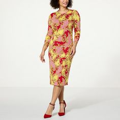 G by Giuliana Printed Jersey Knit Long-Sleeve Midi Dress Sure to be a staple in your weekly wardrobe rotation for many years to come, this ready-for-anything midi dress is featured in a flattering stretch jersey knit with an effortless drape and matte finish, making it easy to dress up or dress down. Midi Dres, Slim Fit Skirts, Printed Jersey, Red Midi Dress, Necklines For Dresses, Draped Fabric, Long Sleeve Midi, Fitted Skirt, Long Sleeve Midi Dress