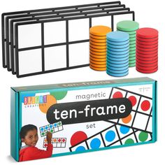 the magnetic ten - frame set is in its box and next to it's contents