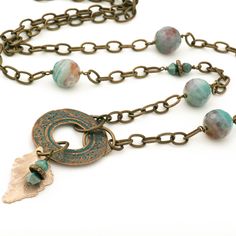 Turquoise Blue Agate Necklace with Long Brass Chain Bohemian Copper Necklace With Patina, Bohemian Brass Necklace With Patina, Bohemian Patina Bronze Necklace, Bohemian Chrysocolla Necklace With Patina, Bohemian Copper Necklace With Antique Finish, Turquoise Copper Necklace With Patina, Long Boho Necklace, Necklace Leaf, Long Necklace Boho