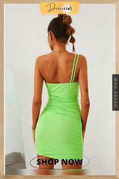 Solid Backless Irregular One Shoulder Mini Bodycon Sexy Dress Green Fashion, Design Element, Dresses Online, One Shoulder Dress, One Shoulder