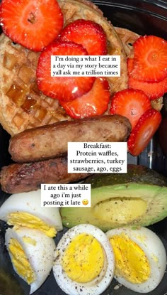 some food that is in a bowl with eggs and strawberries