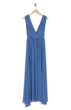 Dreamy pintucking shapes the bodice of this ethereal chiffon maxi dress that's perfect for weddings and other special occasions. 59" length (size S) V-neck Sleeveless Back zip closure 100% polyester Machine wash, dry flat Imported Model Stats: 5'10" height; 34" bust; 27" waist; 35" hips. Model is wearing size S. Chiffon Maxi Dress With Ruched Bodice And V-neck, Pleated V-neck Maxi Dress For Gala, V-neck Maxi Dress With Ruched Bodice For Bridesmaid, Chiffon V-neck Pleated Maxi Dress, Flowy V-neck Maxi Dress With Pleated Bodice, Chiffon Maxi Dress For Wedding With Surplice Neckline, Flowy V-neck Maxi Dress For Prom, Chiffon Maxi Dress With Pleated Bodice And V-neck, Pleated Chiffon Maxi Dress For Prom