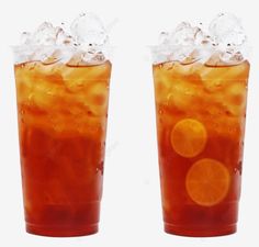 two tall glasses filled with orange juice and ice on top of each other, side by side