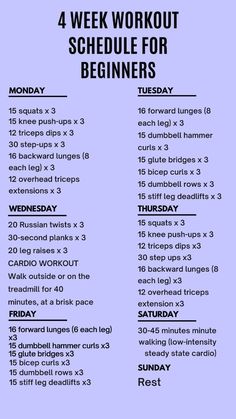 the 4 week workout schedule for beginners is shown in black and white with blue background