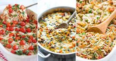 four images showing the steps in how to make an enchilada casserole