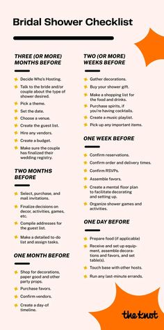 the bridal shower checklist is shown in orange and white, with yellow dots