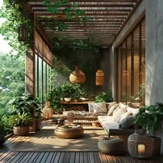 an outdoor living room with lots of plants