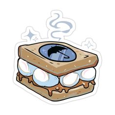 a toasted sandwich with ice cream on it and an eyeball in the middle sticker