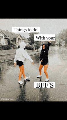 two people standing in the rain holding umbrellas and one has an ad on it that says, things to do with your bff's