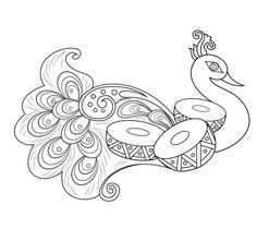 a black and white drawing of a peacock