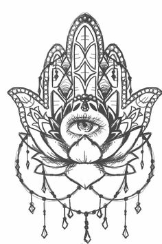 the hamsa with an eye on it is drawn in black and white by hand