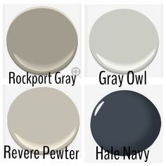 four different shades of gray paint with the words rockport gray, grey owl, revere pewer and hale navy