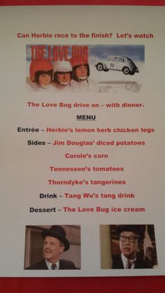 the love bug movie menu is shown in red and white with black lettering on it