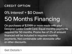 an advertisement for credit cards with the text, $ 50 off interest + 30 down