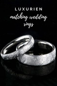 Celebrate your engagement and upcoming wedding by wearing these stunning Gibeon meteorite wedding bands. Each ring is handmade by artisan jewelers in the USA and can be customized in width and size. A unique and rare wedding ring should be selected to symbolize the bond and special love you share with your partner! Visit Luxurien today and order your matching ring set today! #weddingrings #hisandhers #matchingsets Meteorite Ring Engagement, His And Her Wedding Bands, Meteorite Wedding Ring, Meteorite Wedding Rings, Matching Ring Set, Meteorite Wedding Band, Gibeon Meteorite, Meteorite Jewelry, Matching Wedding Rings