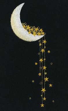 the moon and stars are hanging down from the black night sky with gold stars on it