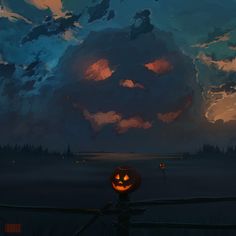 a jack - o'- lantern pumpkin sitting on top of a fence in front of a cloudy sky