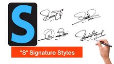 hand writing signature styles on a whiteboard with the letter s in black and blue