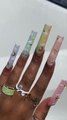 Charmed Out Nails, Pastel Long Nails, Spiritual Nails Designs Acrylic, Spring Xl Nails, Pisces Nails Acrylic Long, Zodiac Sign Nails Acrylic Long, Libra Nails Design Long, Long Spring Nails, Pisces Nails