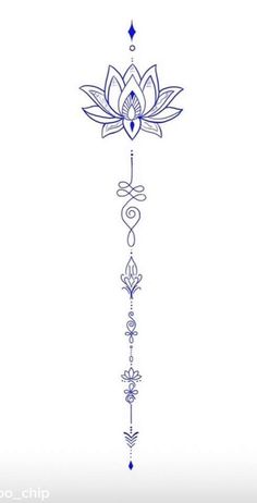 a blue and white drawing of a lotus flower on a pole with an arrow in the middle