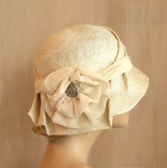 The sophia. $125.  Handmade. Gorgeous. Elegant Handmade Fedora Straw Hat, Beige Cloche Hat For Wedding, Cream Cloche Hat For Evening, Vintage Cream Hat For Evening, Adjustable Cream Gatsby Hat, Cream Mini Hats For Vintage Events, Vintage Cream Cloche Hat For Party, Cream Adjustable Gatsby Hat, Beige Vintage Cloche Hat For Party