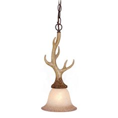 a light hanging from a chain with a deer's antlers on the top