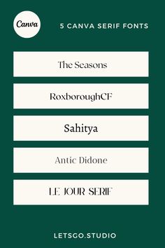 four different font styles on a green background with the words, five seasons, roxbro