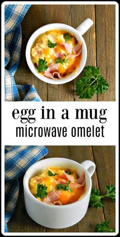 an egg in a mug microwave omelet with ham and cheese on top is shown