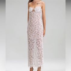 Self-Portrait Fine White Lace Maxi Dress. New With Tags. Size Us 6 / Uk 10 (Small Fitting, More Like Us 4). Diamond Detail On Bust: Lined With Nude Slip White Maxi Length Evening Dress For Dinner, White Fitted Evening Dress For Summer, White Luxury Cocktail Evening Dress, Luxury White Cocktail Evening Dress, Luxury White Maxi Evening Dress, Feminine White Evening Dress For Wedding, White Floor-length Evening Dress For Dinner, Elegant White Summer Evening Dress, Chic White Gala Dress