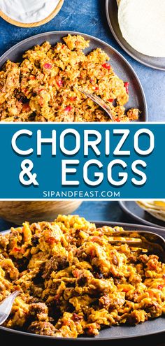 an egg dish in a pan with the words chorizo and eggs above it