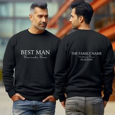 "SIZES ARE TRUE TO FIT, FOR EXTRA COMFORT CONSIDER GOING UP A SIZE OR TWO When it comes to the wedding brigade, the Best Man is undeniably the unsung hero--the backbone, the wingman, the mastermind behind those pranks. Introducing the \"Bro Code Boss\" sweatshirt, tailored especially for the groom's right-hand man. Every swanky stitch of this sweatshirt tells a story of your camaraderie. And here's the clincher: it's personalized with the family name on the back, standing testament to the bond y Wedding Party Sweatshirts, Gift For Best Man, Candid Photoshoot, Bridal Entourage, Groomsmen Proposal Gifts, Bachelor Party Shirts, Bro Code, Father Of The Groom, Bride Sweatshirt