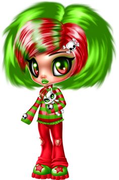 a cartoon girl with green hair and red pants, holding a stuffed animal in her hand