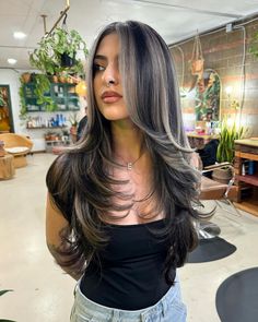 20 Most Flattering Long Layered Haircuts For Round Faces Layers Color Hair, Chunky Front Highlights, Chunky Gray Highlights, Chunky Silver Highlights, Natural Highlights On Black Hair, Chunky Highlights Dark Hair, Highlights Layered Hair, Darker Hair Colors, Black Hair With Pop Of Color