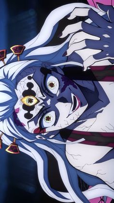 an anime character with blue hair and white makeup, wearing large black eyeliners