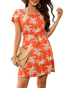 PRICES MAY VARY. 🌞【Nice Material】Women's cover up is made of 100% polyester. The fabric surface has a unique texture. Fabric is soft, breathbale and lightweight.This fabric can keeps you cool on hot days perfectly. 🌞【Unique Design】Loose fit, O-neck, side slits, flowy swing, irregular hem, make you more beautiful, fashionable, sexy and elegant. The waist drawstring makes it very versatile no matter what size you are. 🌞【Multiple Occasions】The bathing suit cover up perfects for any relaxed occas Casual Beach Dress With Drawstring For Cover-up, Tropical Mini Sundress For Beach Season, Tropical Print Mini Sundress For Beach, Printed Beachwear Sundress For Beach Party, Summer Sundress Printed For Beach Cover-up, Summer Printed Sundress As Beach Cover-up, Beach Dress With Drawstring For Beach Season, Summer Printed Sundress For Beach Cover-up, Summer Printed Sundress For Beach