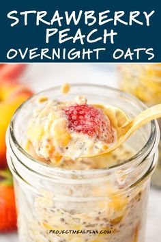 strawberry peach overnight oats in a mason jar