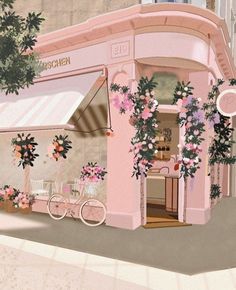 a painting of a pink store with flowers on the front