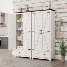 a large white cabinet with sliding doors in a living room next to a potted plant