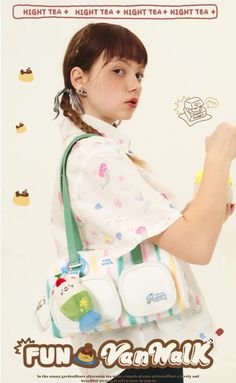 Summer Tea Sweet Pocket Shoulder Bag | Bag | Three Fleas Playful Green Shoulder Bag For School, White Harajuku Canvas Bag For Everyday Use, White Harajuku Shoulder Bag For Everyday, Harajuku Style White Bag For Travel, Kawaii Shoulder Bag For Everyday And Back To School, Playful Large Capacity Shoulder Bag For School, Playful Large Capacity School Bag, Green Kawaii Shoulder Bag For Daily Use, Kawaii Green Shoulder Bag For Daily Use