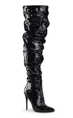 COURTLY-3011 Black Sequin Thigh High Boots-Pleaser-Tragic Beautiful Sequin Thigh High Boots, Angel Clothing, Sequin Boots, Angel Outfit, Pleaser Shoes, Sequin Design, Boots For Sale, Thigh High Boots, Black Sequins