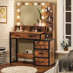 a wooden vanity with lights on it next to a brick wall and white rugs