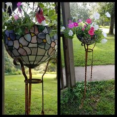 two pictures of flowers in stained glass vases, one on a stand and the other on a pole